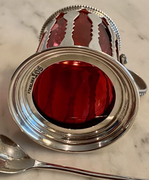 Sterling Silver Victorian Cutwork Mustard Pot Cranberry Liner w/Sterling Spoon — image 6