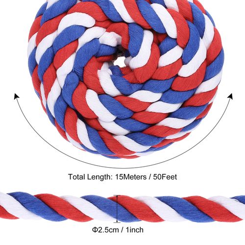 Natural Twisted Cotton Rope 1 Inch x 50 Feet Tug of War Rope Red Blue White — image 2