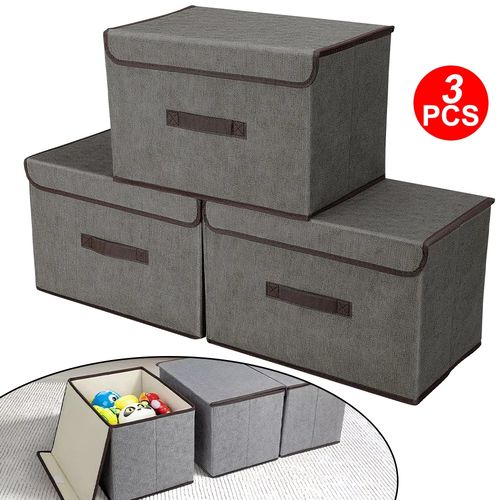 Storage Boxes 3Pcs Large Foldable Canvas Folding Fabric Clothes Baskets with Lid — image 1