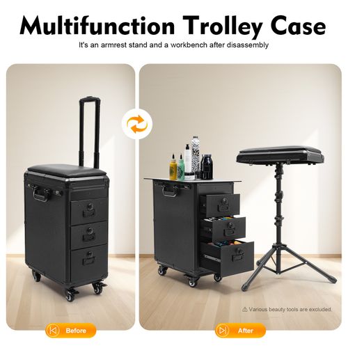 3 In 1 Tattoo Travel Cases With Tattoo Armrest Stand Rolling Makeup Train Case — image 2