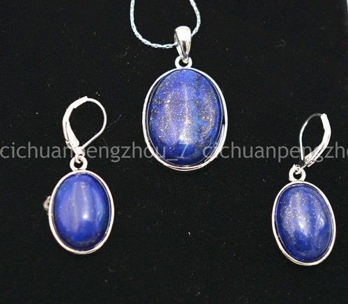 Natural Blue Lapis Lazuli Oval Pendant 925 Silver Chain Necklace Earrings Set
