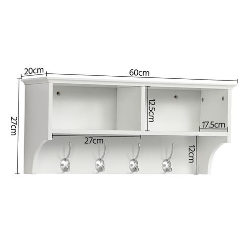Wall-mounted Coat Rack Shelf Clothes Hooks With 2 Open Storage Shelves, White — image 3