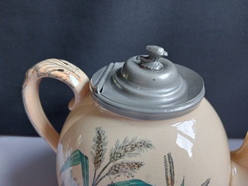Antique Teapot Pottery + Pewter Lid Bird Robin Butterflies Insects Transferware — image 3