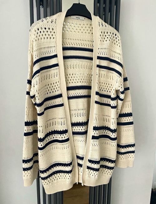 George Cream & Navy Striped Open-Knit V-Neck Cardigan Jumper Long Sleeve S — image 1