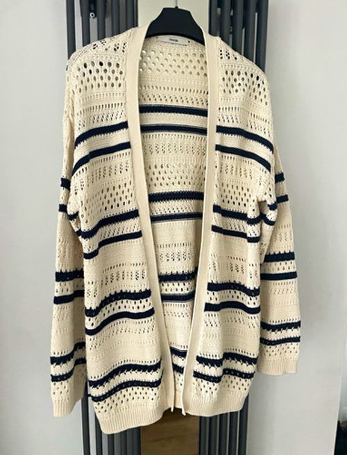 George Cream & Navy Striped Open-Knit V-Neck Cardigan Jumper Long Sleeve S