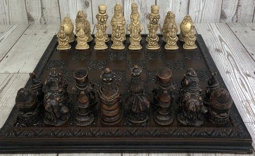 Vintage Berkeley Alice In Wonderland Crushed Stone Resin Chess Set Wooden Board