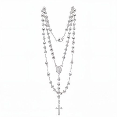 925 Sterling Silver Rosary Necklace 20 Inches 4mm Beads Cross Virgin Mary Medal
