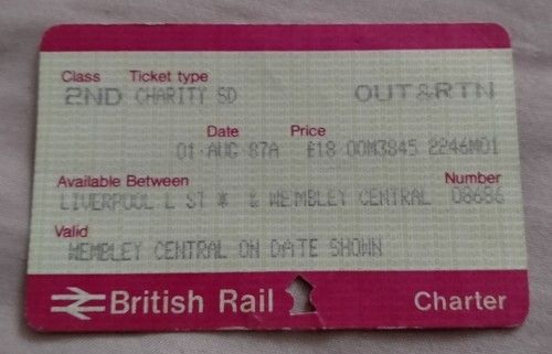 1987 Charity Shield Train Ticket Everton v Coventry City Lime St to Wembley