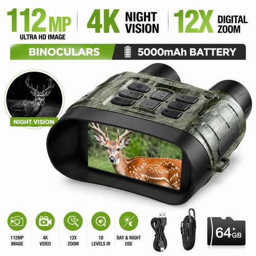 4K 112MP Night Vision Goggles  Infrared Digital Binoculars 12X Zoom for Hunting