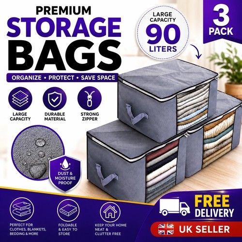 3 x 90L Large Storage Zip Bags Foldable Clothes Organizer Clear Window Handles