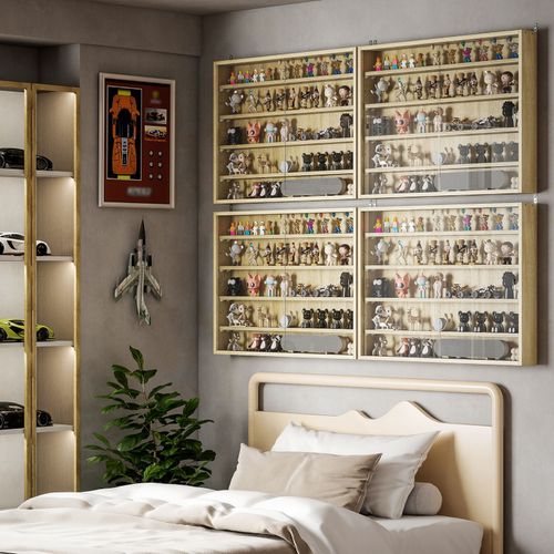 5 Tier Wall Display Shelf Unit Cabinet with 4 Adjustable Shelves Glass Doors Oak — image 2