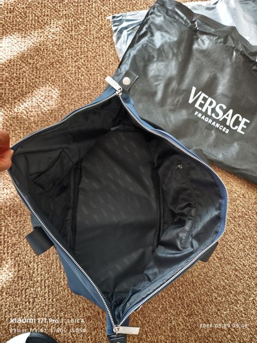 Versace Blue & Black Solid Duffle Bag with Shoulder Strap, Extra Compartments — image 3
