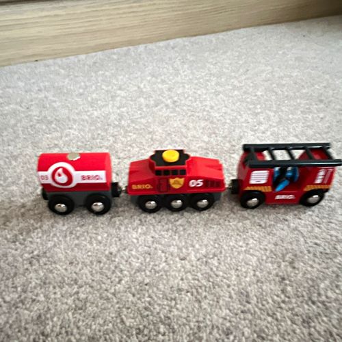 BRIO Wooden Train Set Engine 05 with Tanker 03 & Fire Truck Wagon — image 1