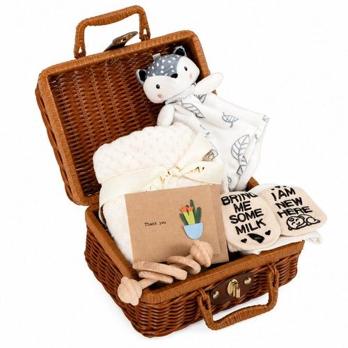 Baby Shower Hamper, Newborn Gift Set for Boy & Girl, Blanket Rattle Bib Socks