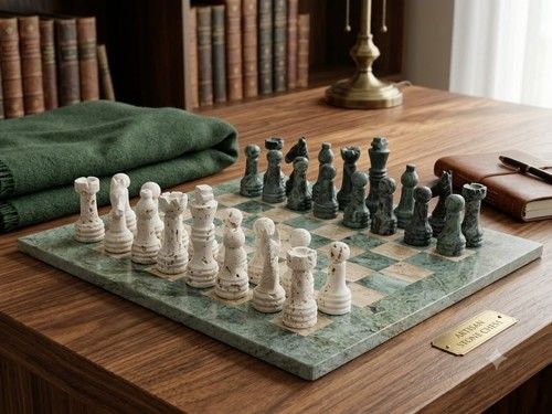Luxury Travertine & Green Marble Chess Set 30cm Handmade Weighted Pieces