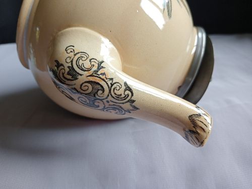 Antique Teapot Pottery + Pewter Lid Bird Robin Butterflies Insects Transferware — image 21