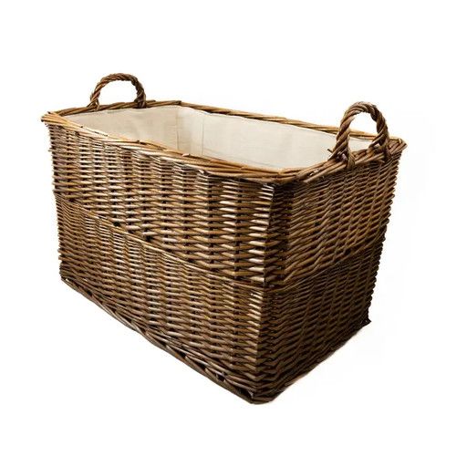 Medium Deluxe Rectangular Hessian Lined Log Basket Distilled cane 55x35x32cm