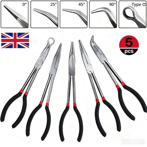 5 Pieces 11" Long Reach Straight 25° 45° 90° Bent Round Straight Nose Pliers Set