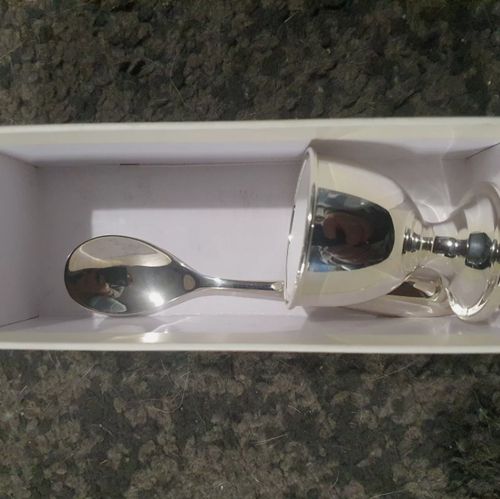 Silver Plated Egg Cup And Spoon Gift Set Christening Present Kids Baby Bambino — image 4