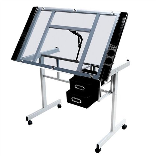 Rolling Drafting Table Angle Adjustable Drawing Artwork Desk with Glass Tabletop — image 9