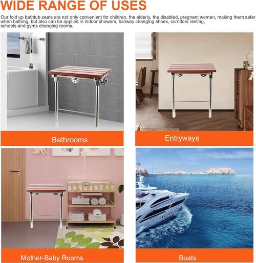 Wall Mounted Folding Shower Seat with Legs Wooden Bathroom Bench Non-Slip for — image 7