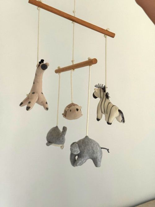 Safari Hanging Plush Nursery Mobile for Cot - Giraffe Zebra Elephant Grey