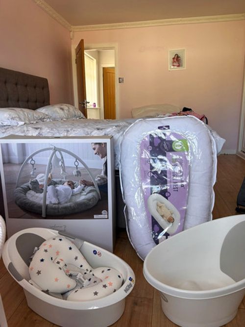 Nuby Baby Bouncer Seat with Toy Bar, Stars Theme, White/Grey