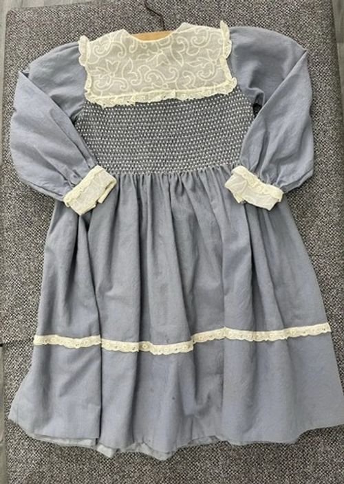 Vtg 30s 40s Child's Wool Dress Smocked Yoke Eyelet Lace Blue Warm Winter Antique