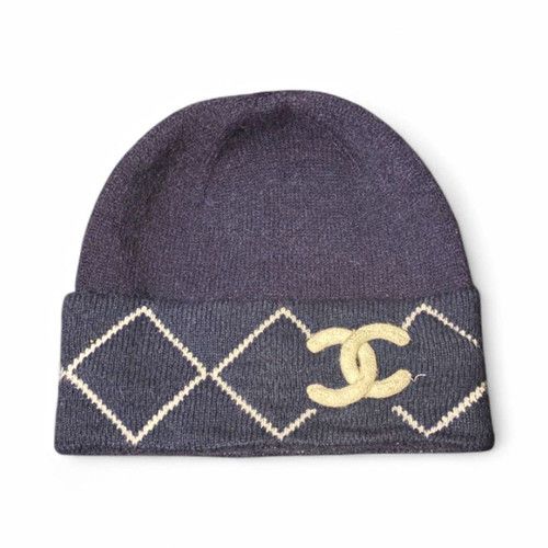 CHANEL Men’s Wool Knit Beanie CC Logo Argyle/Diamond Grey/Beige One Size