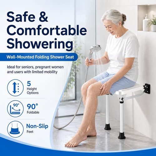Wall Mounted Folding Shower Seat Adjustable Bath Stool Non Slip Support Legs — image 3