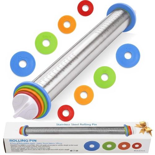 Stainless Steel Rolling Pin with Adjustable Thickness Rings Baking Tool UK
