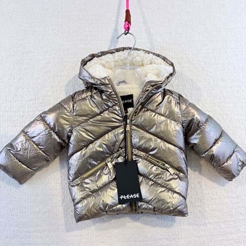 PLEASE Silver Hooded Puffer Jacket Lined Full Zip Long Sleeve 6-9M — image 1