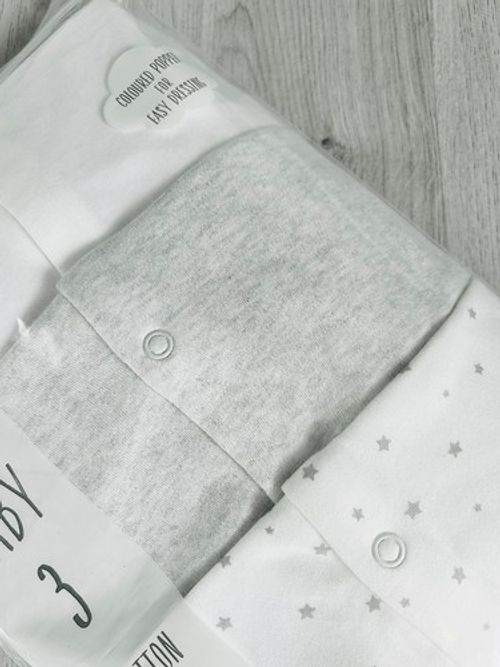 Baby George 3 Pack Sleepsuits Cream Hedgehog White Stars Neutral Unisex Baby Gro