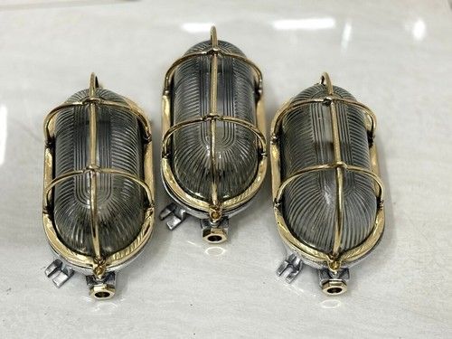 3 PCS Vintage Brass Bulkhead Light Oval Marine Ship Outdoor Wall Lamp Fixture