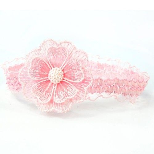 Baby Girls Flower & Pearl Headband Hair Band Crochet Lace White Pink Soft Touch