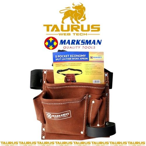 5 x Pockets MARKSMAN Tool Belt Leather Pouch Builders Apron Work Holder Nail UK