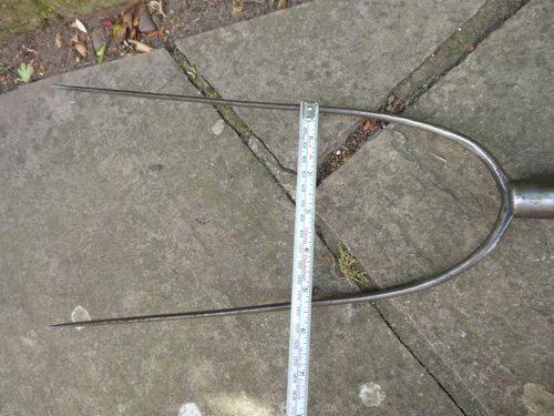 Vintage Pitch Fork - hay fork - 2 Prong Old Farm Tool. Long wooden handle. — image 9