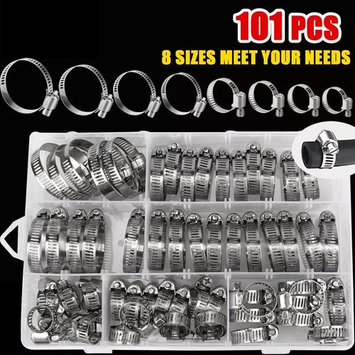 101-Pcs Assorted Stainless Steel Hose Clamp Kit With No Driver Jubilee Clips Set — image 2