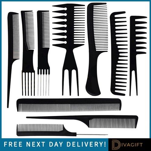 10 PIECE HAIR STYLING COMB SET PROFESSIONAL BLACK FOR HAIRDRESSING COMBS NEW
