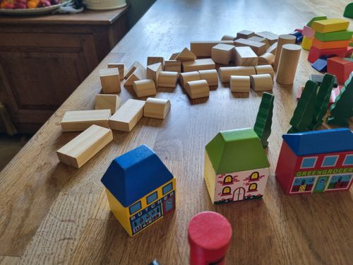 Big jigs Wooden Toy Bundle 160 + Pieces. Farm Zoo  People Trees Shops Signs Etc — image 14