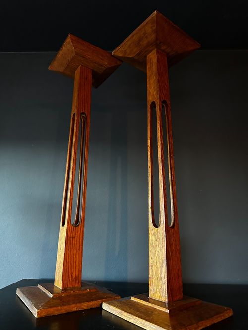 Pair Of Antique Statue Stands English Oak Pedestal Torchere Edwardian 1910-40 — image 11