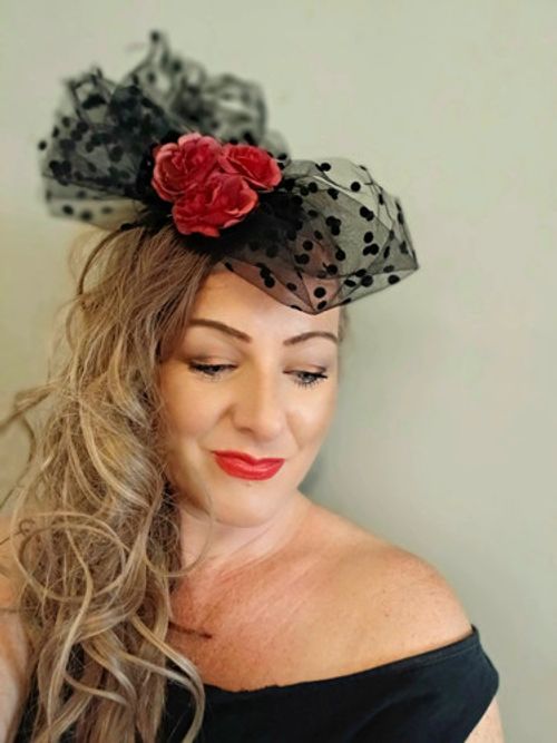 Black Mesh Polka Dot Fascinator Headpiece with Red Flower, One Size