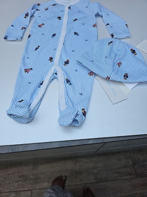 Ralph Lauren Baby Boys Striped Babygrow Coverall With A Beanie .size 0-3 Months — image 3