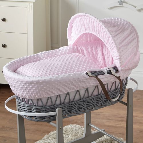 Baby Moses Basket With Stand - Pink Dimple / Grey Wicker | Bedding And Mattress — image 5