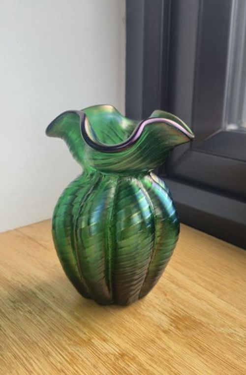 Antique Bohemian Kralik Iridescent Green Art Glass Vase c1900 Art Nouveau
