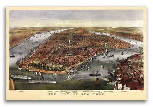 1870 New York City, New York Vintage Old Panoramic NY City Map - 16x24