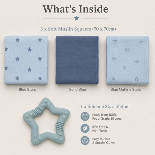 Newborn Baby Boy Soft Cotton Muslin & Teether Gift Set | New Baby Gift Set — image 2
