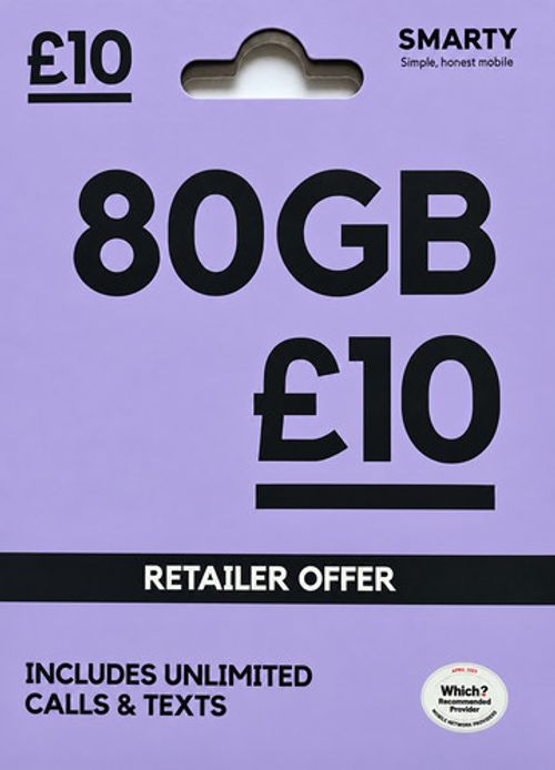 SMARTY Pay As You Go SIM Card – 80GB Data – Unlimited UK Calls & Texts – £10
