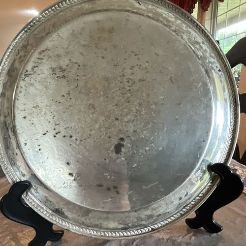 Victorian Silverplated Round Platter/Tray Floral Scroll Engraved Rope Edge — image 4