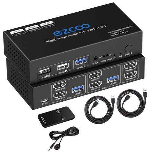 2 Port Dual Monitor HDMI KVM Switch 4K 60Hz USB 3.0 PC Mac Share w/ Remote